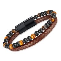 Hip-Hop Vintage Style Round 304 Stainless Steel Pu Leather Beaded Artificial Leather Men'S Bangle sku image 1