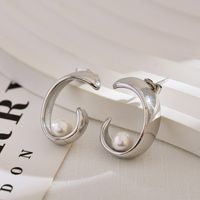 1 Pair Simple Style C Shape Plating Inlay Stainless Steel Pearl Ear Studs main image 3