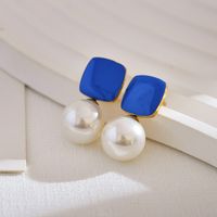 1 Pair Simple Style Square Enamel Inlay Stainless Steel Artificial Pearls Drop Earrings sku image 1