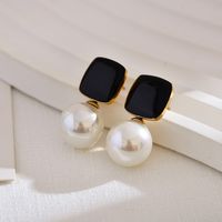 1 Pair Simple Style Square Enamel Inlay Stainless Steel Artificial Pearls Drop Earrings sku image 2