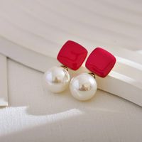 1 Pair Simple Style Square Enamel Inlay Stainless Steel Artificial Pearls Drop Earrings sku image 3