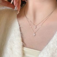 Modern Style Cross Sterling Silver Zircon Double Layer Necklaces In Bulk main image 3