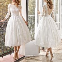 Wedding Dress Elegant Romantic Round Neck Lace Nine Points Sleeve Solid Color Midi Dress Wedding main image 1