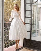 Wedding Dress Elegant Romantic Round Neck Lace Nine Points Sleeve Solid Color Midi Dress Wedding sku image 1