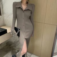 Femmes Robe Chemise Décontractée Style Simple Refuser Manche Longue Couleur Unie Robe Mi-longue Du Quotidien Rue main image 4