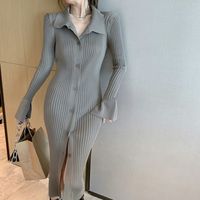 Frau Hemdkleid Lässig Einfacher Stil Ablehnen Lange Ärmel Einfarbig Midi-kleid Täglich Straße main image 5