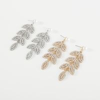 1 Pair Elegant Shiny Leaves Inlay Imitation Pearl Iron Rhinestones Drop Earrings main image 1