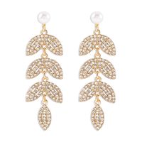 1 Pair Elegant Shiny Leaves Inlay Imitation Pearl Iron Rhinestones Drop Earrings main image 2