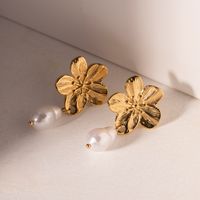 1 Pair Simple Style Flower Inlay Stainless Steel Pearl 18k Gold Plated Drop Earrings main image 5