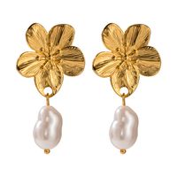 1 Pair Simple Style Flower Inlay Stainless Steel Pearl 18k Gold Plated Drop Earrings main image 2