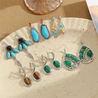 1 Paire Rétro Commuer Rond Placage Incruster Alliage Turquoise Plaqué Argent Des Boucles D'oreilles main image 2