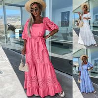 Women's Swing Dress Vacation Square Neck Hollow Out Half Sleeve Solid Color Maxi Long Dress Holiday main image 5