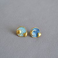 1 Pair Retro Moon Enamel Plating Copper Gold Plated Ear Studs main image 3