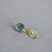 1 Pair Retro Moon Enamel Plating Copper Gold Plated Ear Studs main image 2