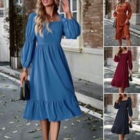 Women's Swing Dress Casual Square Neck Long Sleeve Solid Color Midi Dress Daily main image 6