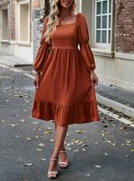 Women's Swing Dress Casual Square Neck Long Sleeve Solid Color Midi Dress Daily main image 5