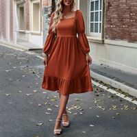 Women's Swing Dress Casual Square Neck Long Sleeve Solid Color Midi Dress Daily sku image 2