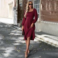 Women's Swing Dress Casual Square Neck Long Sleeve Solid Color Midi Dress Daily sku image 7