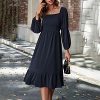 Women's Swing Dress Casual Square Neck Long Sleeve Solid Color Midi Dress Daily sku image 16