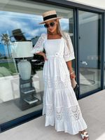 Women's Swing Dress Vacation Square Neck Hollow Out Half Sleeve Solid Color Maxi Long Dress Holiday main image 4