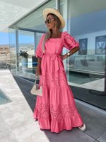 Women's Swing Dress Vacation Square Neck Hollow Out Half Sleeve Solid Color Maxi Long Dress Holiday main image 2
