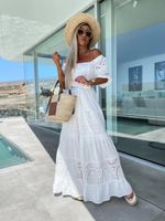 Women's Swing Dress Vacation Square Neck Hollow Out Half Sleeve Solid Color Maxi Long Dress Holiday sku image 2