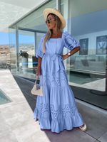Women's Swing Dress Vacation Square Neck Hollow Out Half Sleeve Solid Color Maxi Long Dress Holiday sku image 5