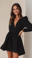 Women's Regular Dress Sexy Deep V Pleated Long Sleeve Solid Color Above Knee Party Date sku image 1
