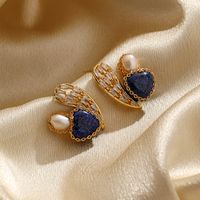 1 Pair Ig Style Shiny Heart Shape Plating Hollow Out Inlay Copper Freshwater Pearl Zircon Lapis Lazuli 18k Gold Plated Ear Studs main image 1