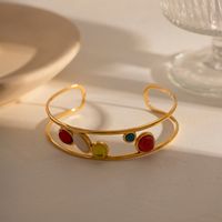 Ig Style Simple Style Round Oval Stainless Steel Plating Inlay Artificial Gemstones 18k Gold Plated Bangle main image 4