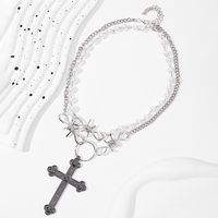 Retro Cross Metal Inlay Artificial Pearls Women's Double Layer Necklaces sku image 1
