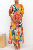 Women's Swing Dress Casual Vacation V Neck Printing Short Sleeve Flower Maxi Long Dress Holiday main image 6