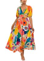 Women's Swing Dress Casual Vacation V Neck Printing Short Sleeve Flower Maxi Long Dress Holiday main image 4