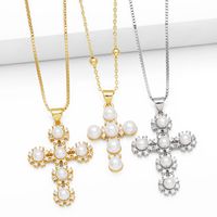 Ig Style Vintage Style Fashion Cross Copper Plating Inlay Pearl Zircon 18k Gold Plated Necklace main image 1