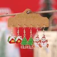 3 Pairs Cute Christmas House Christmas Tree Snowman Alloy Drop Earrings main image 1