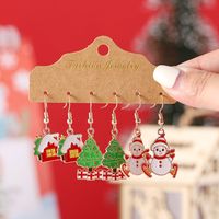3 Pairs Cute Christmas House Christmas Tree Snowman Alloy Drop Earrings sku image 1