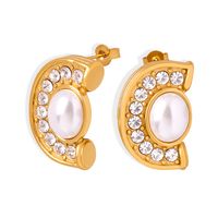 1 Pair Vintage Style Baroque Style Semicircle Plating Inlay Titanium Steel Artificial Pearls Artificial Diamond 18k Gold Plated Ear Studs main image 4