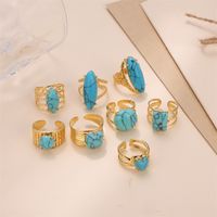 Vintage Style Bridal French Style Oval Stone Stainless Steel Plating Inlay Turquoise 18k Gold Plated Open Rings main image 1