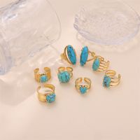 Vintage Style Bridal French Style Oval Stone Stainless Steel Plating Inlay Turquoise 18k Gold Plated Open Rings main image 5