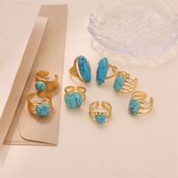 Vintage Style Bridal French Style Oval Stone Stainless Steel Plating Inlay Turquoise 18k Gold Plated Open Rings main image 4