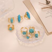 Vintage Style Bridal French Style Oval Stone Stainless Steel Plating Inlay Turquoise 18k Gold Plated Open Rings main image 3