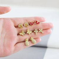 1 Pair Cute Sweet Heart Shape Pineapple Butterfly Plating Inlay Copper Zircon 18k Gold Plated Ear Studs main image 1