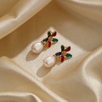 1 Paar Ethnischer Stil Blume Überzug Inlay Kupfer Perle 18 Karat Vergoldet Tropfenohrringe main image 5