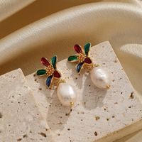 1 Pair Ethnic Style Flower Plating Inlay Copper Pearl 18k Gold Plated Drop Earrings main image 3