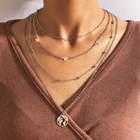 Fashion Geometric Circle Water Drop Horns Moon Hollow World Map Long Three-layer Necklace Clavicle Chain sku image 4