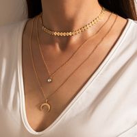 Fashion Geometric Circle Water Drop Horns Moon Hollow World Map Long Three-layer Necklace Clavicle Chain sku image 1