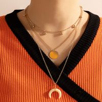 Fashion Geometric Circle Water Drop Horns Moon Hollow World Map Long Three-layer Necklace Clavicle Chain sku image 2