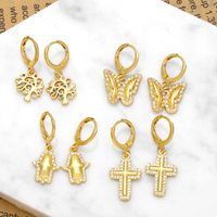 1 Pair Simple Style Cross Butterfly Plating Inlay Copper Zircon 18k Gold Plated Drop Earrings main image 1