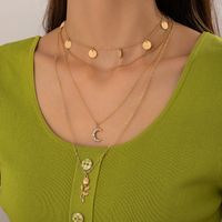 Fashion Geometric Circle Water Drop Horns Moon Hollow World Map Long Three-layer Necklace Clavicle Chain sku image 9