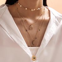 Fashion Geometric Circle Water Drop Horns Moon Hollow World Map Long Three-layer Necklace Clavicle Chain sku image 16